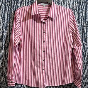 Foxcroft Men's Pink and White Striped Button Down Shirt